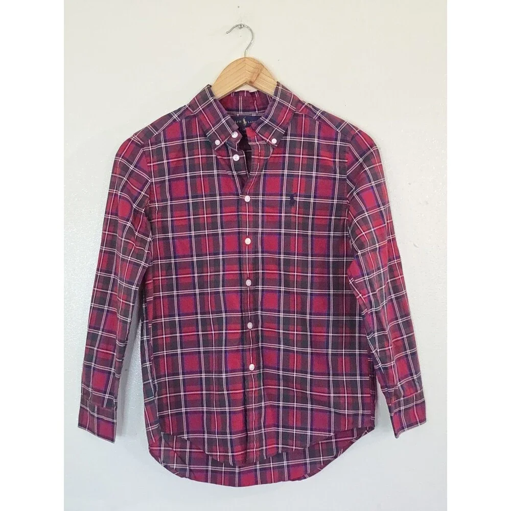 Ralph Lauren Boys Plaid Check Button Down Shirt Red Green Cotton Size M 10-12